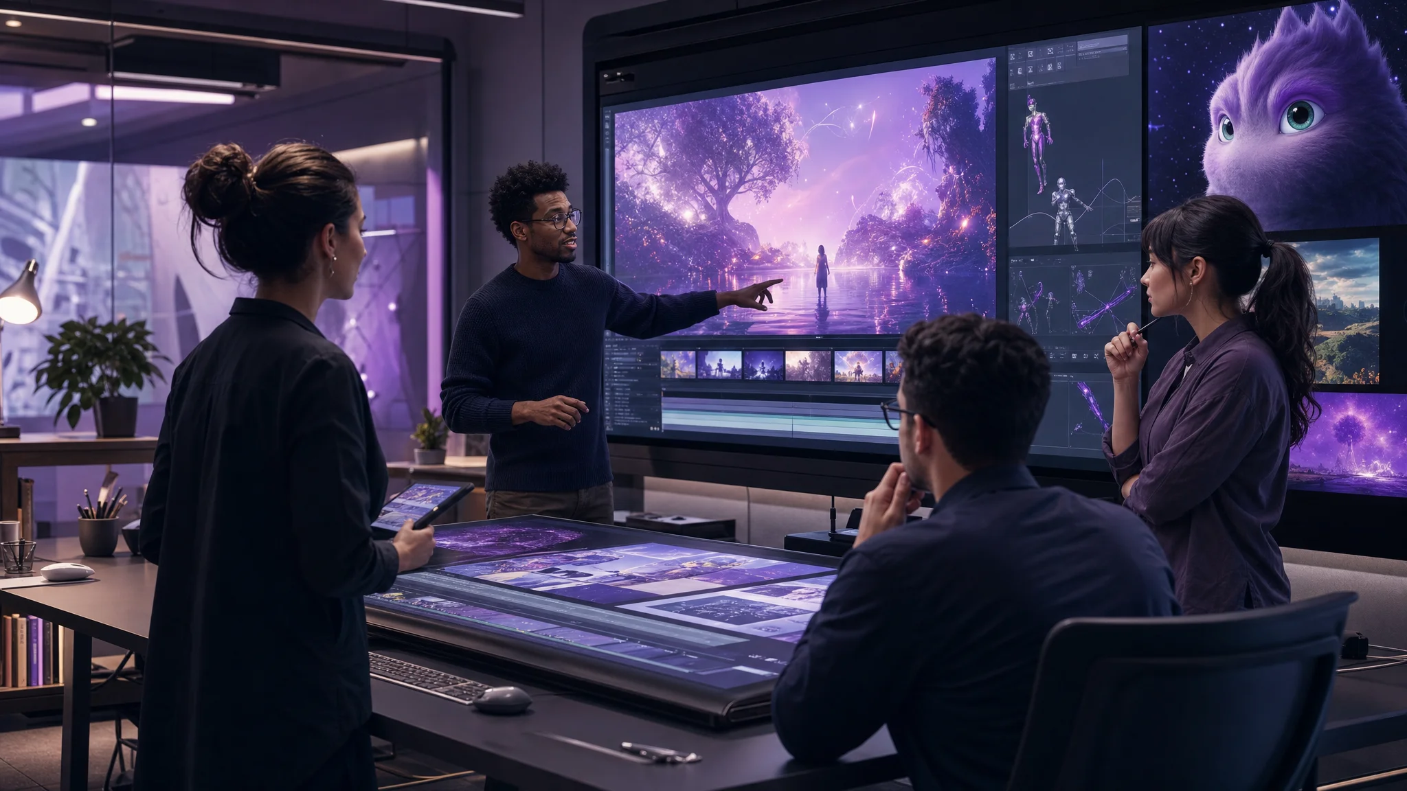 Creative team collaborating with AI animation